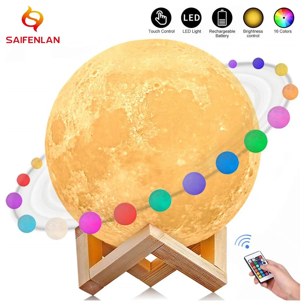 3D Print Moon Lamp Moonlight Colorful Touch USB Led Night Light Rechargeable Nightlight Home Decor Creative Gift